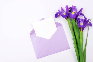 Beyaz arka planda mor iris çiçekleri ve boş kağıtlı zarf. Üst görünüm, düz görünüm, model.