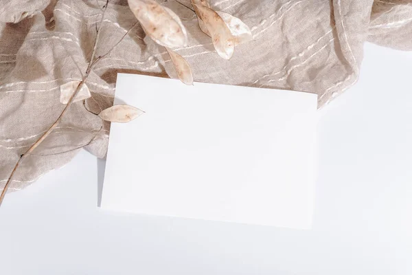 Feuille Papier Vierge Feuilles Sèches Lunaria Sur Tissu Coton Sur — Photo