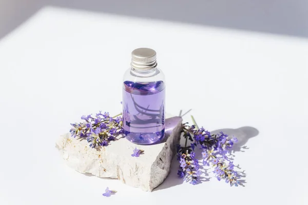 Lavender oil in transparent bottle on stone podium in sunlight. Natural cosmetics, aromatherapy concept. Closeup.
