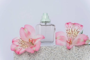 Doğal taş kürsüde parfüm şişesi ve alstromerya pembe çiçekleri, yakın plan..