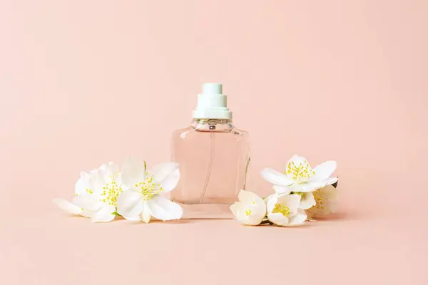 Perfume glass bottle and white jasmine flowers on peachy pink background. Closeup, front view. Copy space.