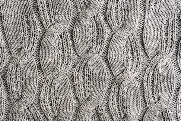 Gray woolen knitted sweater fabric, texture, background.