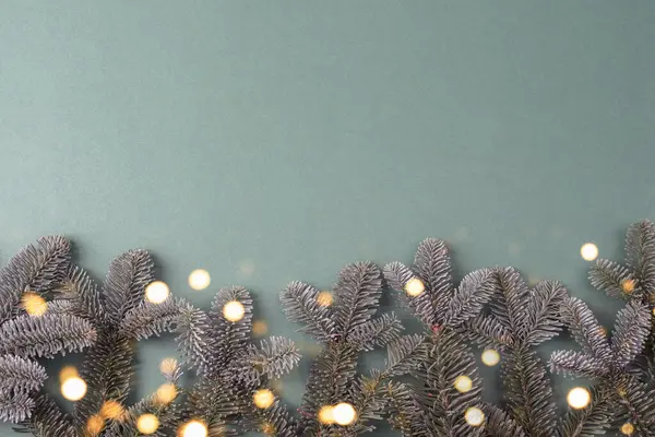 Noel arkaplanı köknar dalları ve bokeh ışıkları. Üst görünüm, düz görünüm, kopyalama alanı.
