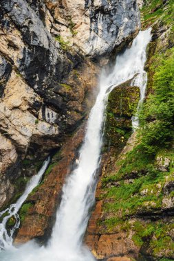 Slovenya 'daki Bohinj Gölü üzerindeki Savica şelalesi, Julian Alps.