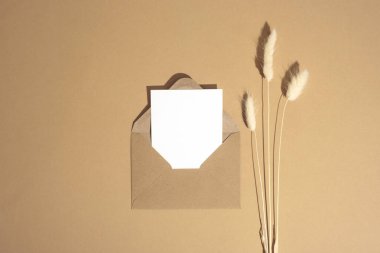 Kahverengi zarf, beyaz boş kart ve sıcak bej arka planda kurutulmuş pampa otu içeren minimalist bir kompozisyon. Üst görünüm, düz görünüm, model.