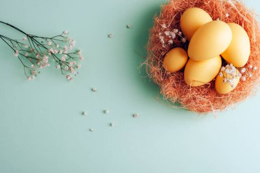 Altın sarısı yumurtaları, kurutulmuş çiçekleri ve nane arkaplanda samanı olan bir Paskalya yuvası. Bahar tatili konsepti. Üst manzara, düz uzanma.