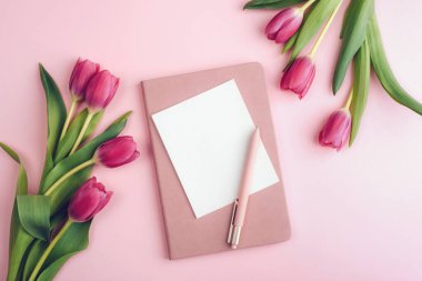 Pembe laleler, boş kartlı not defteri ve pembe arka planda bir kalem. Üst görünüm, düz görünüm, model.