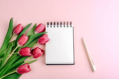 Boş defterli pembe laleler ve yumuşak pastel arka planda pembe kalemler. Üst görünüm, düz görünüm, model.