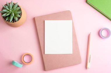 İşyeri manzarası, not defterleri, sulu bitkiler ve pastel pembe arka planda kırtasiye malzemeleri. Üst görünüm, düz görünüm, model.