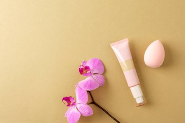 Tarafsız arka planda pembe orkide ve güzellik süngeri olan kozmetik vakıf tüpü. Üst görünüm, düz görünüm, kopyalama alanı.