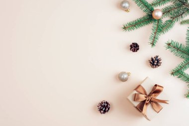 Kahverengi kurdeleli ve bej arkaplanlı bir Noel hediyesi. Üst görünüm, düz görünüm, kopyalama alanı.