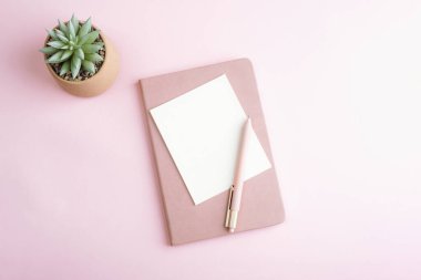 Boş kartlı pembe defter, pembe arka planda saksıda dolgun bitki ve kalem. Üst görünüm, düz görünüm, model.