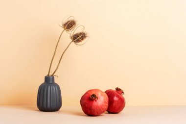 Gri bir vazoda kuru devedikeni ve nötr bej arka planda iki olgun nar. Minimalist sonbahar natürmortu, kopyalama alanı.