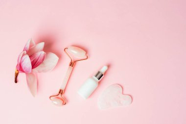 Gül kuvars yüz silindiri, beyaz serum düşürücü şişe ve pembe arka planda manolya çiçekli gua sha taşı. Deri bakımı konsepti. Üst görünüm, düz görünüm, kopyalama alanı.