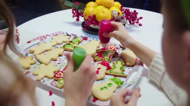 Zbliżenie Obrazu Dwóch Sióstr Zdobiących Wypieki Boże Narodzenie Różne Ciasta — Wideo stockowe