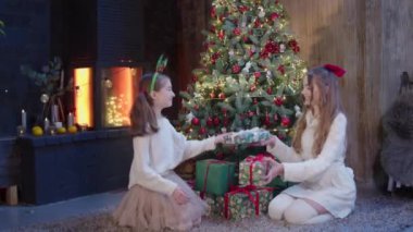 İki neşeli kız kardeş Noel ağacının altında hediyelerini değiş tokuş ediyorlar. İki kuzen, lüks bir oturma odasında büyük, güzel dekore edilmiş bir Noel ağacının yanında oturuyorlar..