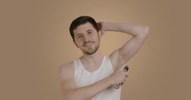Handsome Caucasian Man Looking Mirror Applying Underarm Deodorant Armpit Preventing — Stock Video