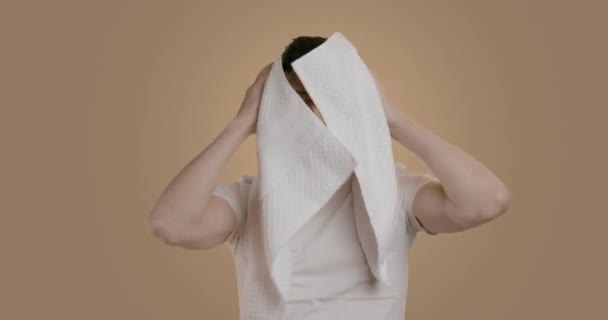 Young Man Drying His Hair Morning Evening Shower White Towel — Wideo stockowe