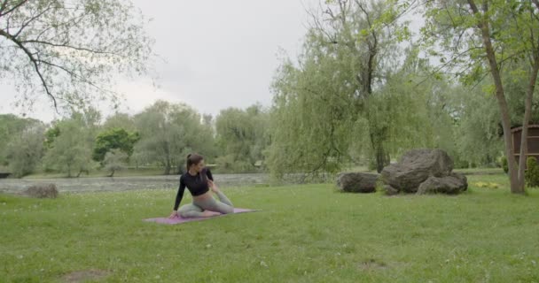 Young Woman Sitting Grass Park Prepares Meditation Does Light Exercises — Wideo stockowe