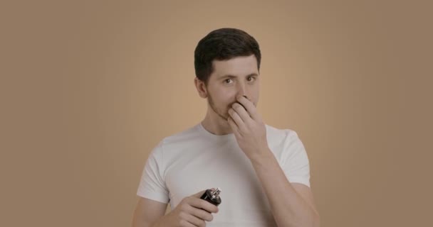 Handsome Dark Haired Man Puts Perfume His Neck Man Who — Vídeo de Stock