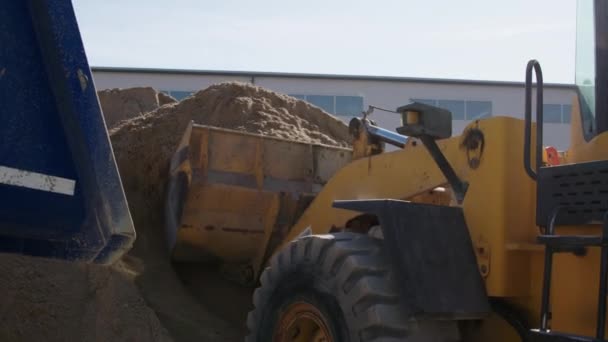 水泥厂的大型黄色建筑机械 在前面的拖车上装上沙子 运往建筑公司 将沙子 水泥装入卡车的过程 — 图库视频影像