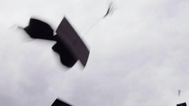 Mezuniyet şapkaları fırlatılmış ve boşluğa düşmüş bir görüntü. Mezuniyet töreninde öğrenciler birkaç mezuniyet şapkasını atarlar. Bekarların ve yüksek lisans derecelerinin kutlanması