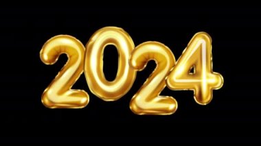 Mutlu yıllar 2024 altın folyo balonları beyaz arka planda ve güzel 3D altın konfetiyle. Mutlu yeni yıl kutlamaları. Yıl 2024.