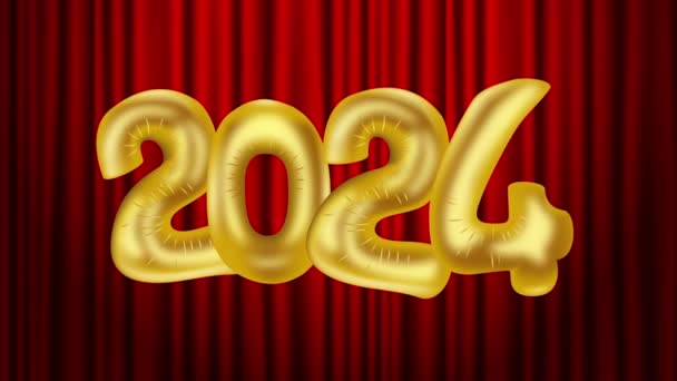 Цифры 2024 Золотые Шары Фольги Красном Фоне Драпировки Анимация Концепция — стоковое видео