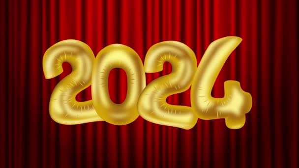 Αριθμοί 2024 Μπαλόνια Χρυσό Φύλλο Ένα Κόκκινο Drapery Φόντο Animation — Αρχείο Βίντεο