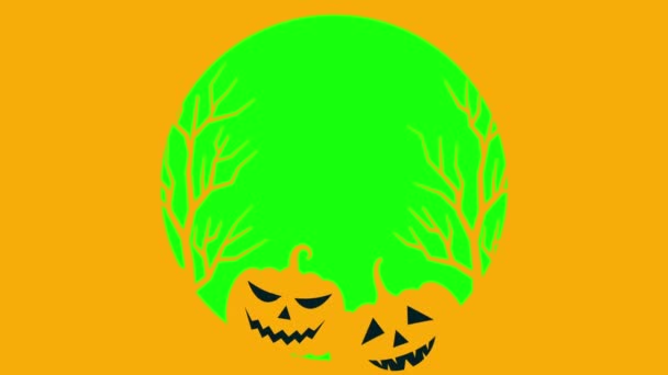 万圣节海报 快乐的Hallobetween 万圣节的概念 南瓜形状的灯笼 白鬼3D动画 黄绿相间的背景呈圆形 — 图库视频影像