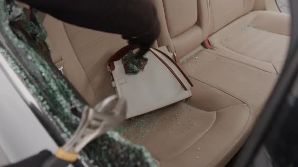 Злодій Розбиває Вікно Автомобіля Швидко Викидає Білу Жіночу Сумку Заднього — стокове відео