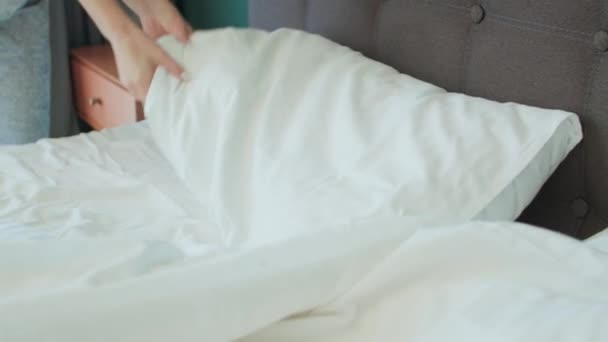 Person Attends Task Neatly Make Bed Symbolic Start Day Practiced — Stock Video