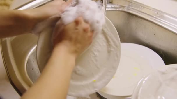 人間の手を注意深く食器洗浄の仕事に取り組み キッチン食器洗浄における衛生基準を維持するための清潔な食器洗浄の本質的な性質を強調する — ストック動画