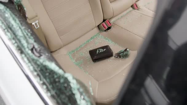 Розбиваючи Автомобільне Вікно Злочинець Швидко Скористався Можливістю Вкрасти Особисті Речі — стокове відео