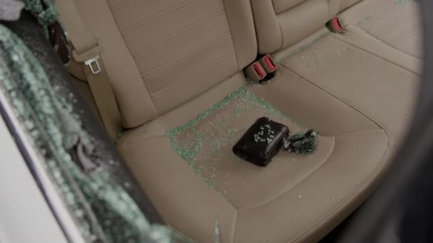 汽车玻璃碎窗上的碎玻璃证实了非法进入和随后的车辆盗窃 这种令人不安的现场警惕性和打击犯罪活动的积极措施 — 图库视频影像
