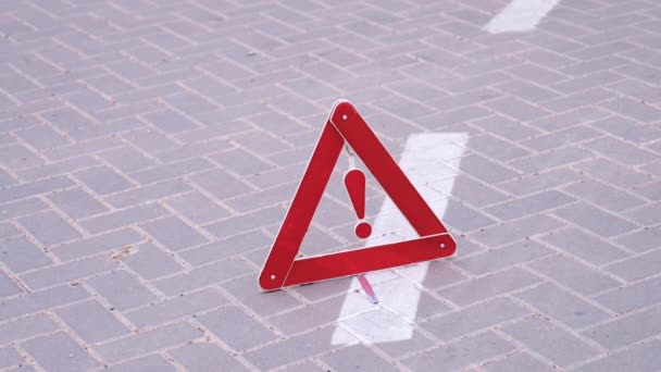 Red Sign Positioned Asphalt Serves Warning Impending Accident Road Safety — стоковое видео