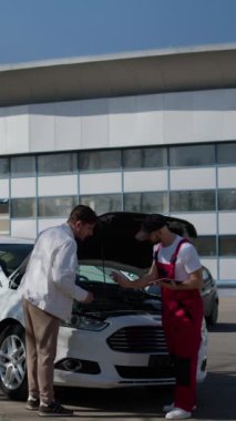 Bir araba tamircisi müşteriyle birlikte arabadaki yağın kalitesini kontrol eder. Bir araba servisinin çalışanı müşteriye danışır ve araba sorunlarını bir tablette gösterir.