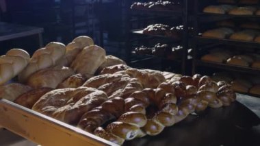 Fırın taşıma bandında pişirilmiş beyaz ekmek. Taze pişmiş ekmek ve rulo, iştah açıcı kırmızı kabuklu. Fırından çıkan doğal ekmek fırının raflarında duruyor. Yiyecek endüstrisi, ekmek pişirme.