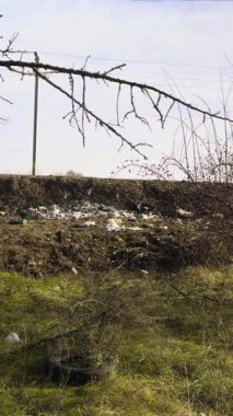 İnsanların attığı çöplerle dolu bir orman. Yeşil doğa alanı, plastik torbalar, şişeler, plastik çöpler. Yeşil alanda inşaat atığı yığını. Tepedeki yasadışı çöplük.