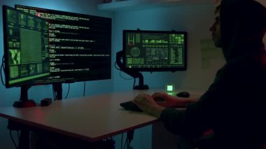 Etrafı dijital kodlarla çevrili gizemli bir hacker parlayan üç monitörden güvenlik duvarını aşmaya çalışıyor. Siber saldırı ve hackleme konsepti.