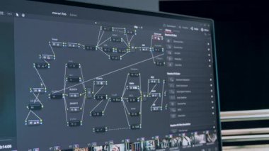 Yapım sonrası görüntü veya fotoğraf renk düzeltmesi devam ediyor. Bilgisayar monitörünün yakın plan görüntüsü. Film yapımcısı renklendirici, ticari filmler düzenliyor. Renk derecelendirme ve üretim kavramı