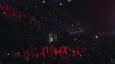 Büyük bir konser ya da festival. Gece büyük bir konser salonundaki telefonlardan bir sürü spot ışığı. Bir kalabalık konserde toplandı. Tüm karanlık salona renkli ışıklar yansıyor.