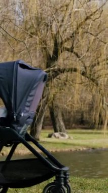 Rüzgarda gülümseyen genç anne, bebeğini parkta göl kenarında zarif, modern ve rahat bir bebek arabasıyla gezdiriyor. Ormanda yürüyen ve doğum izninde doğanın tadını çıkaran bir kadın.