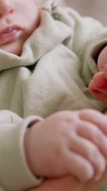Annesinin elleriyle oynayan tombul, tombul ellerin yakın plan görüntüsü. Çocuk annesinin kollarında oturur ve kendi ve annesinin ellerine yakından bakar. Anne sevgisi, güven, huzur