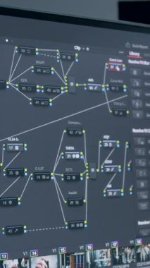 Yapım sonrası görüntü veya fotoğraf renk düzeltmesi devam ediyor. Bilgisayar monitörünün yakın plan görüntüsü. Film yapımcısı renklendirici, ticari filmler düzenliyor. Renk derecelendirme ve üretim kavramı