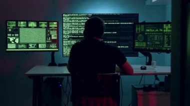 Arkadan, kafasında kulaklıklarla büyük bilgisayar monitörlerinin önünde, bazı şirketlerin veri platformlarına giren bilinmeyen bir hacker. İsimsiz adam çeşitli virüsler sunuyor.