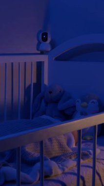 Sakin bebek yumuşak battaniyenin altında peluş hayvanlarla uyur. Kamera, bebek durumunu ve yatak odasındaki davranışları gösteriyor.