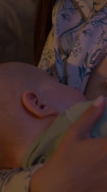 Annem geceleri yatak odasında sevimli bebekleri emziriyor. Evde huzurlu bir anda, atmosferde aile ilişkileri gelişir.