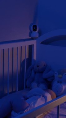 Sevimli pelüş bebekler izleme altında rahat bir beşikte uyur. Bebek, gece evdeki güvenlik kamerası kontrolüyle güvende.