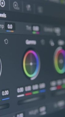 Renk dereceli bir bilgisayar monitörünün yakın çekimi. Video ya da fotoğraf sonrası prodüksiyon. Profesyonel fotoğraf ve video düzenleme yazılımı. Işık ve renk düzeltme halkaları. Renk tekerlekleri